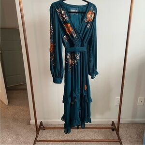 Anthropologie Teal Floral Maxi Dress